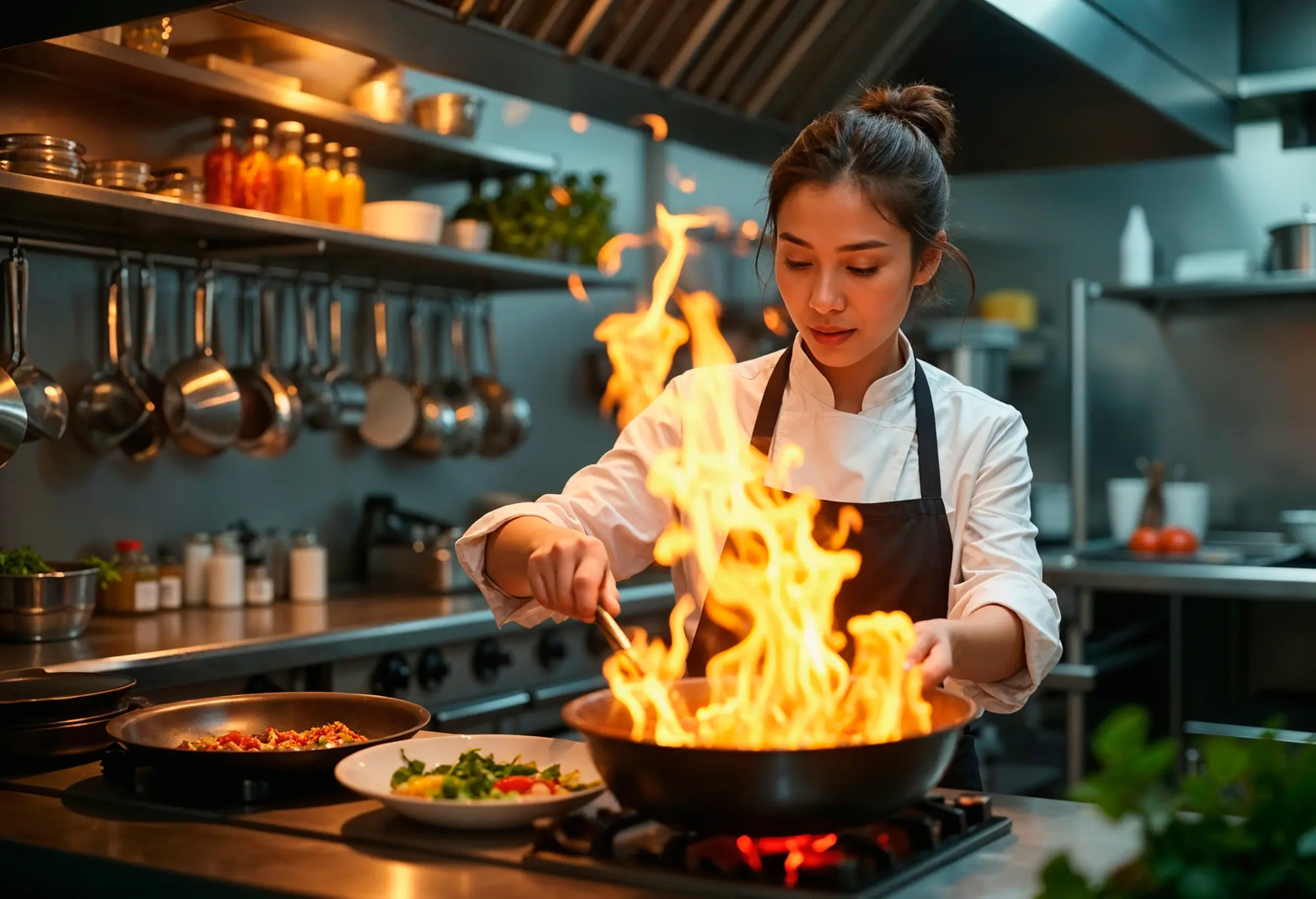 chef cuatro bistro cocinando llamas